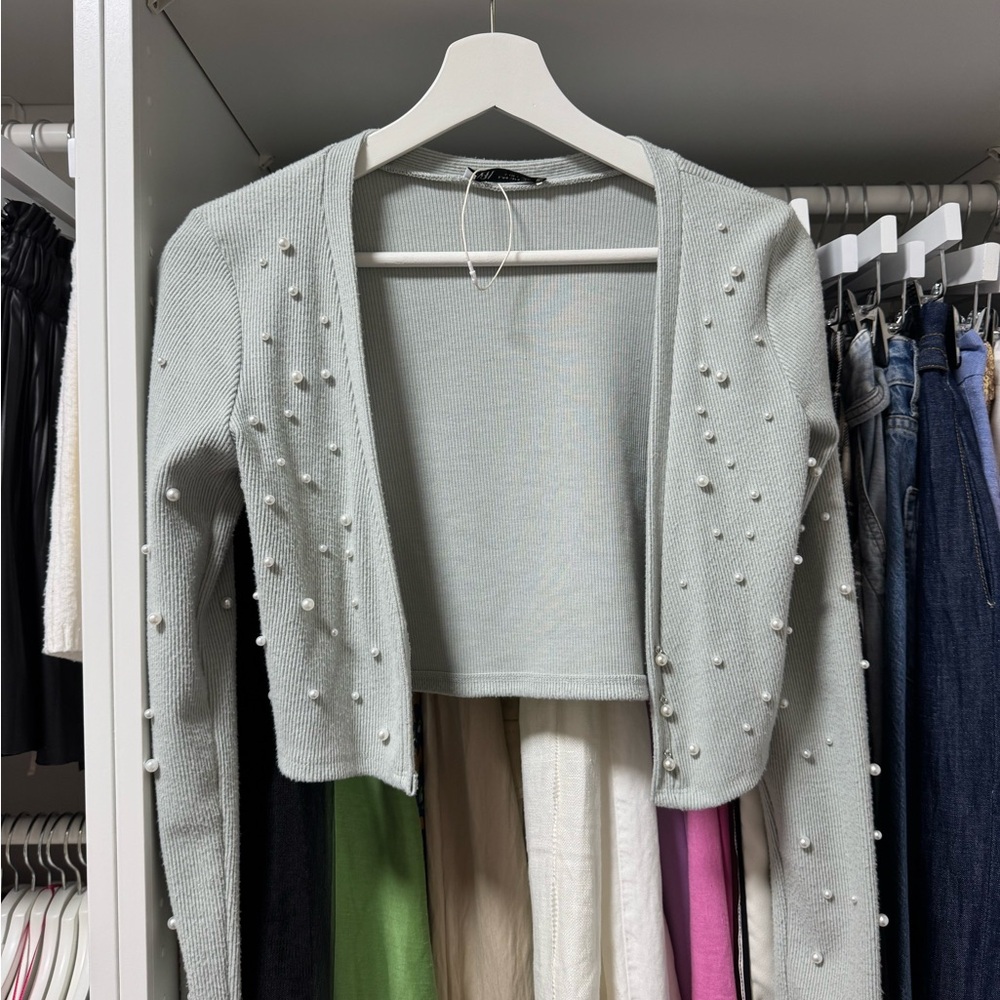 Pearl Embellished Light Green/Gray Cardigan